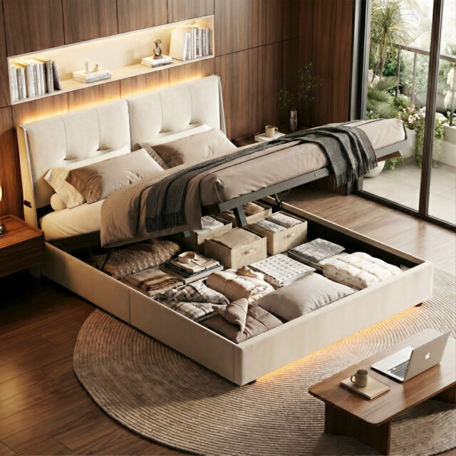 EU Double & King Beige Velvet Ottoman Bed, Dual LED Hydraulic Bed Frame With Side Pockets (140/160 X 200cm)