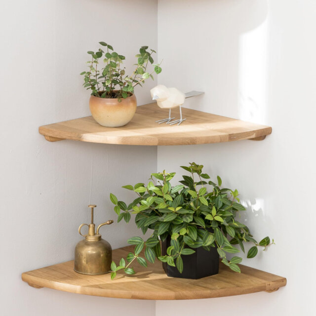 Corner Shelves, Solid Oak Wood Set Of 2 12Inch Floating Corner Shelves Wall Mount Round End Floating Speaker Shelf With Wire Hole Shelf For Small Plan