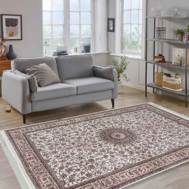 Minyatur White & Cream Medallion Area Rug – Low-Pile 100% Viscose Traditional Carpet for Living Room, Bedroom & Entryway