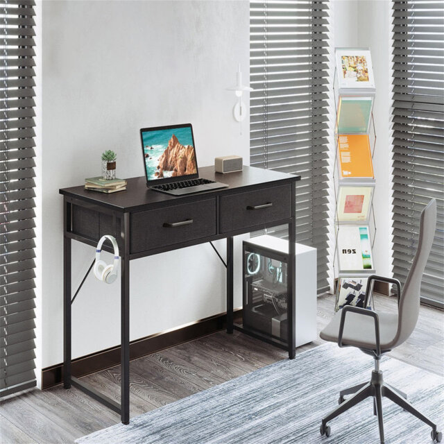 Desk with 2 drawers, small desk with headphone holder, office table, PC table, office table for the office, living room or home office