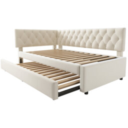Upholstered Daybed With Pull-out Trundle, Single Sofa Bed With Slatted Frame (no Mattress)