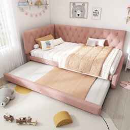 Upholstered Daybed With Pull-out Trundle, Single Sofa Bed With Slatted Frame (no Mattress)