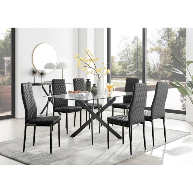 Lenworth Black Metal and Glass Rectangular Dining Table Set with 6 Quilted Faux Leather Chairs