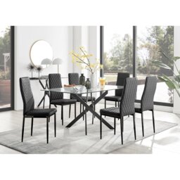 Lenworth Black Metal and Glass Rectangular Dining Table Set with 6 Quilted Faux Leather Chairs