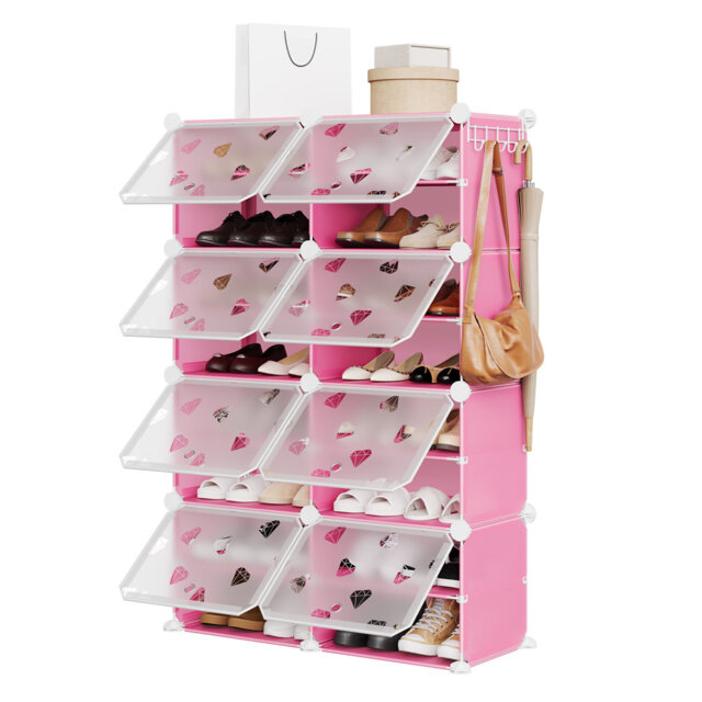 8-Cube Freestanding Modular Shoe Storage Organizer with Translucent Doors & 5 Side Hooks, Holds Up to 32 Pairs for Entryway, Closet and Mudroom