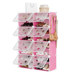 8-Cube Freestanding Modular Shoe Storage Organizer with Translucent Doors & 5 Side Hooks, Holds Up to 32 Pairs for Entryway, Closet and Mudroom