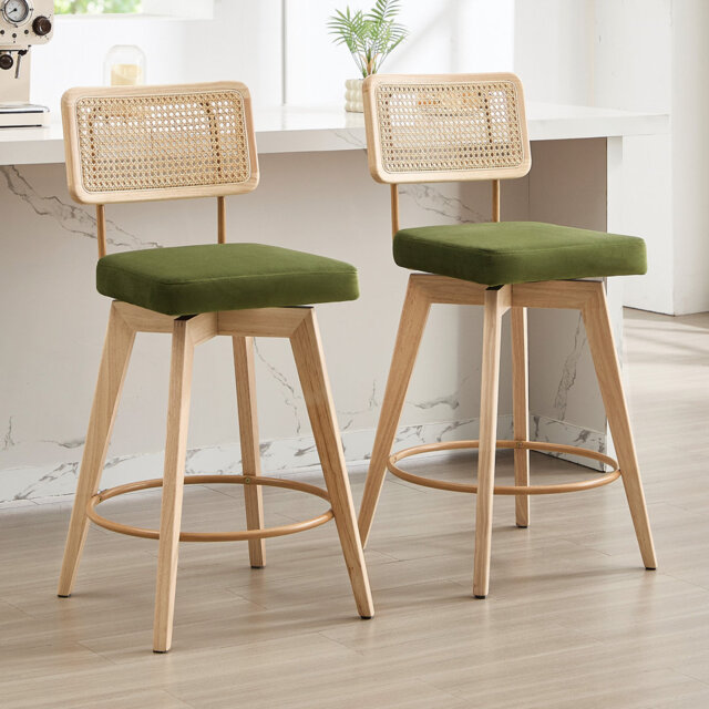 Uniondale Swivel Upholstered 66.5cm Counter Stool with Rattan Cane Back and Solid Wood Frame