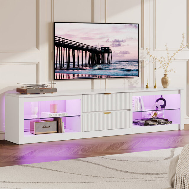 "203cm TV Stand for TVs up to 85"", High Gloss Fluted Entertainment Center with LED Lights and 2 Drawers"