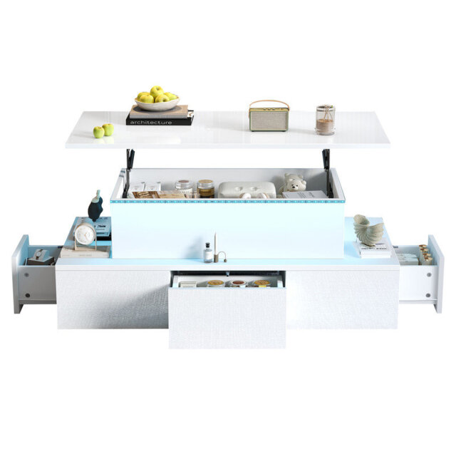 High Gloss White Lift Top Coffee Table, LED Lighted Adjustable Sofa Side Table with 4 Drawers for Living Room Office