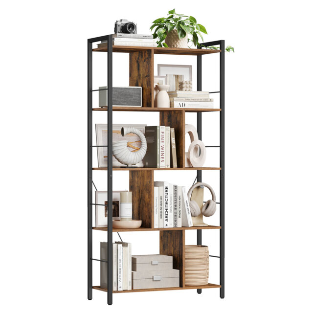 Bookshelf, Bookcase, 5 Tiers, Office Shelf, Open Shelf, Large, Metal Structure, Industrial Style, Heather Greige And Ink Black