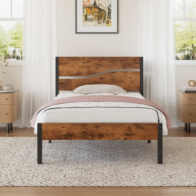 Bed Frame Single Double Size, Metal Platform Bed Frame with Wood Headboard and Footboard, Strong Steel Slats Support, No Box Spring Needed, Easy Assem