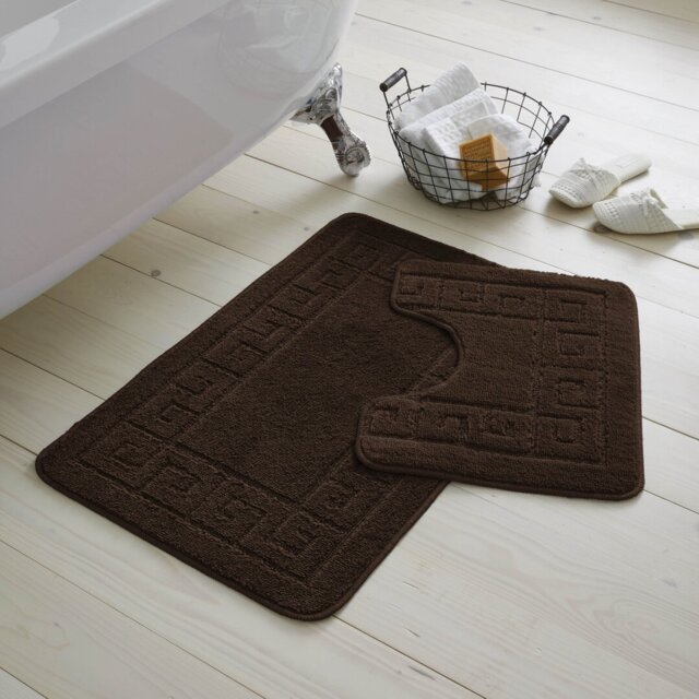 2 Piece Bathroom Rug Set Greek Key Pattern Bath Mat & Pedestal Mat Non Slip Rubber Back Soft Absorbent Mats