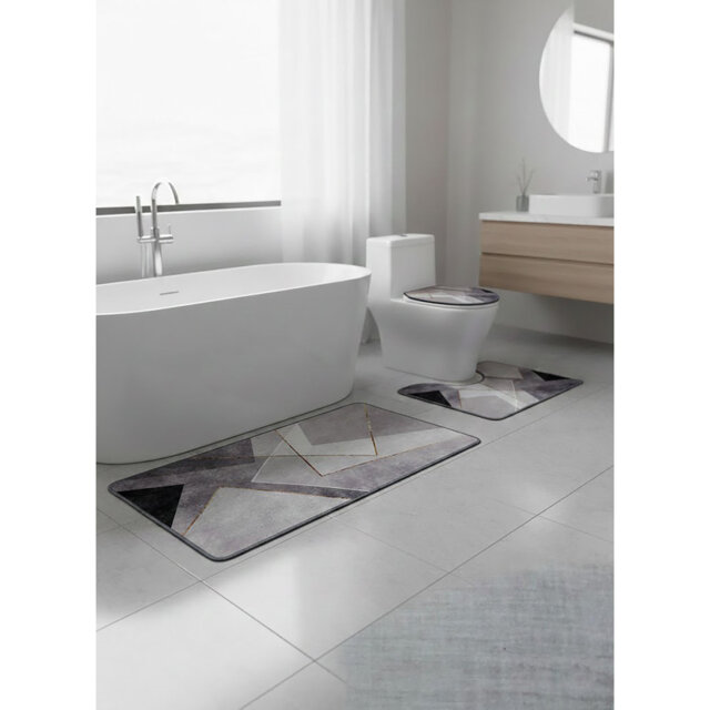 Gray and Gold Geometric 3-Piece Non-Slip Bath Rug Set -  Absorbent Bathroom Mats for Vanity, Toilet, and Lid