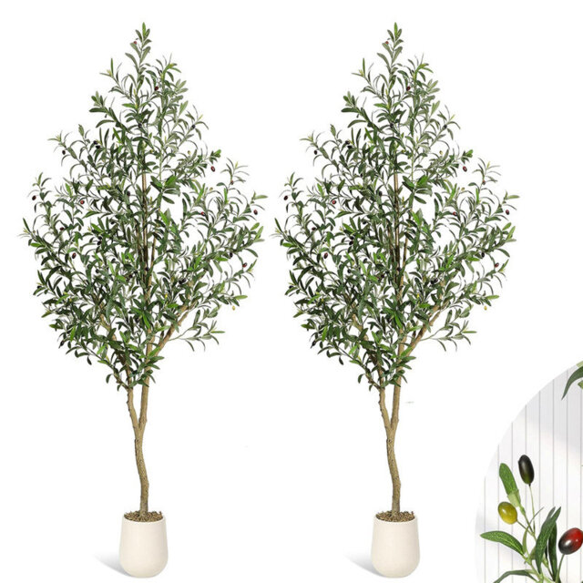 5FT/6FT/7FT 1PC/2PCS Olive Trees Artificial with White Planter, Realistic Potted Silk Artificial Olive Tree with Green Leaves and Big Fruits