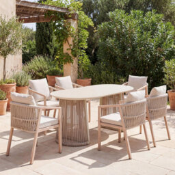 7-piece Modern Boho Outdoor Dining Set: 180cm Sintered Stone Table + 6 Technorattan Armchairs With Cushions