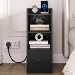 Slim Bedside Tables Set of 2 with Charging Station, Narrow Bedside Cabinet with Drawer, USB & Type-C Ports, Nightstands with Adjustable Shelves for Be