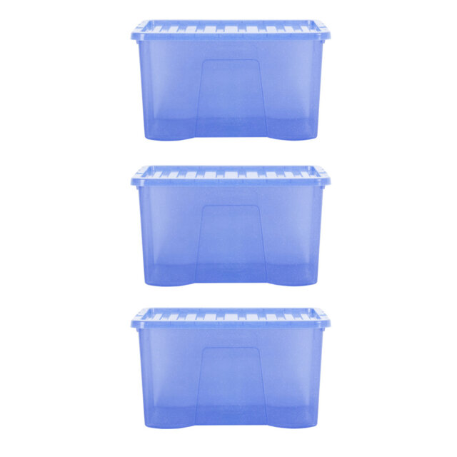 Wham Crystal 60L Plastic Storage Box Pack of 3 Tint Sparkle Blue