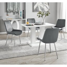 Edzard Double Pedestal High Gloss Dining Table Set with 4 Luxury Velvet Dining Chairs