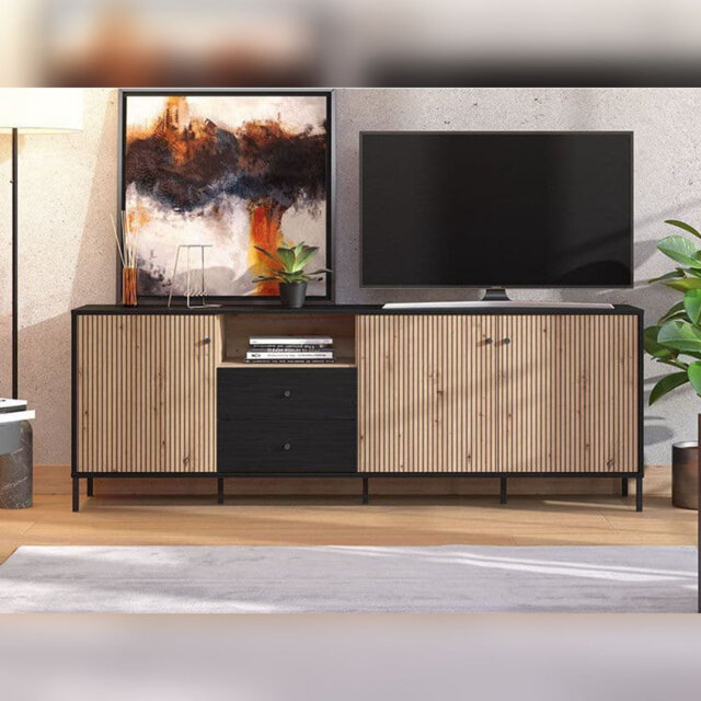 Liora Tv Stand Cabinet Unit Slatted Artisan Oak Effect And Black Modern 208cm Wide Living Dining Room Furniture.