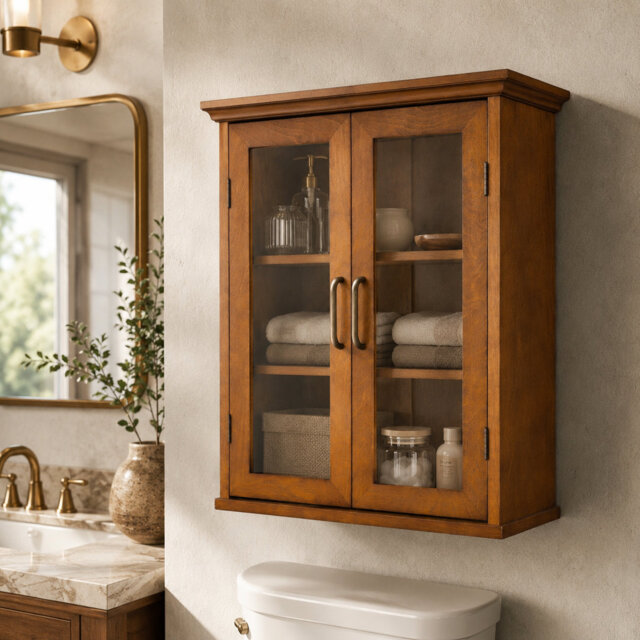 Over The Toilet Bathroom Wall Cabinet with Glass Paneled Doors, 2 Adjustable Shelves, Antique Brass Knobs, Oiled Oak Medicine Cabinet for Bathroom Sto