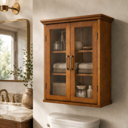 Over The Toilet Bathroom Wall Cabinet with Glass Paneled Doors, 2 Adjustable Shelves, Antique Brass Knobs, Oiled Oak Medicine Cabinet for Bathroom Sto