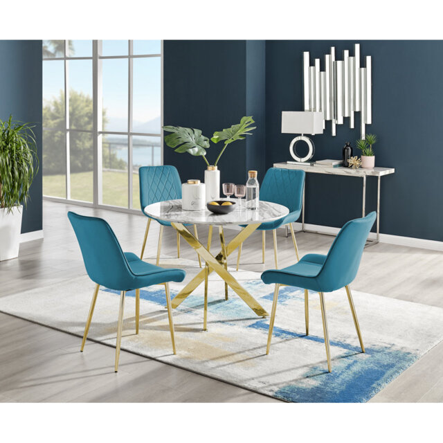 Tierra Modern Chrome Metal & Glass Round Dining Table Set with 4 Luxury Velvet Dining Chairs