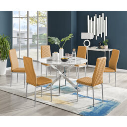 Tierra Modern Chrome Metal & Glass Round Dining Table Set with Quilted Faux Leather Chairs