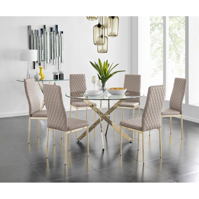 Tierra Modern Chrome Metal & Glass Round Dining Table Set with 6 Quilted Faux Leather Chairs