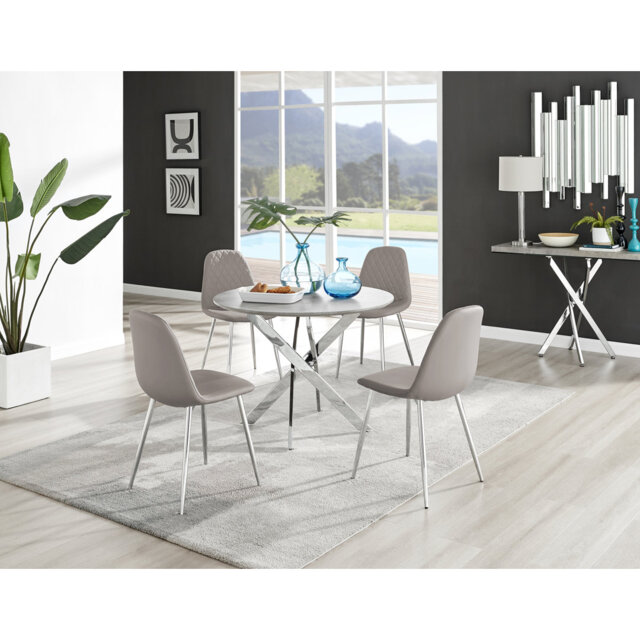 Tierra Modern Chrome Metal & Glass Round Dining Table Set with 4 Luxury Faux Leather Chairs