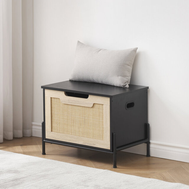 Turn-over-Top Rattan Shoe Storage Bench – Dual Safety Hinges, Toy Chest & Shoe Cabinet, Sturdy Wooden Entryway Trunk with Seating, Easy Assembly – For