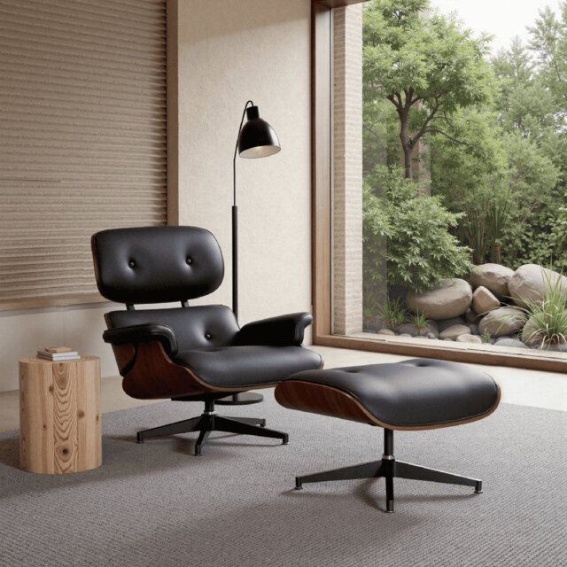 Mid-century Recliner Chair - Faux Leather With Wood Base, 15° Recline & Ottoman