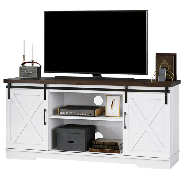 Farmhouse TV Stand for Up to 65 Inch TVs, Entertainment Center with Sliding Barn Doors, Adjustable Shelf and Cable Management, Modern Media Console Ta