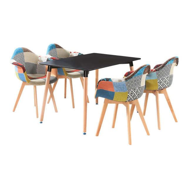 Sylas 4 Person Dining set - a Rectangular Plastic Dining Table with Wooden Legs and a Set of 4 Quilted Velvet Dining Chairs for Dining Room - Modern D