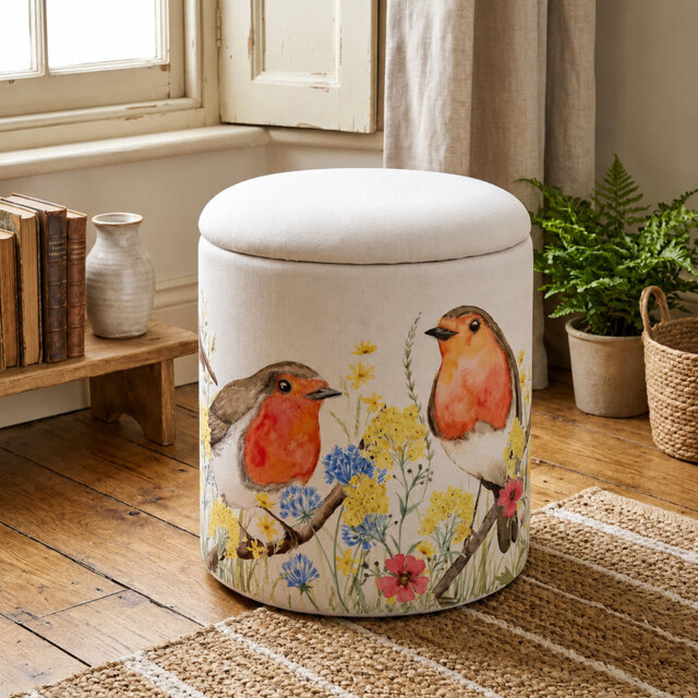 Block Print Upholstered Ottoman Footstool 40cm Footrest Stool Pouffe With Storage