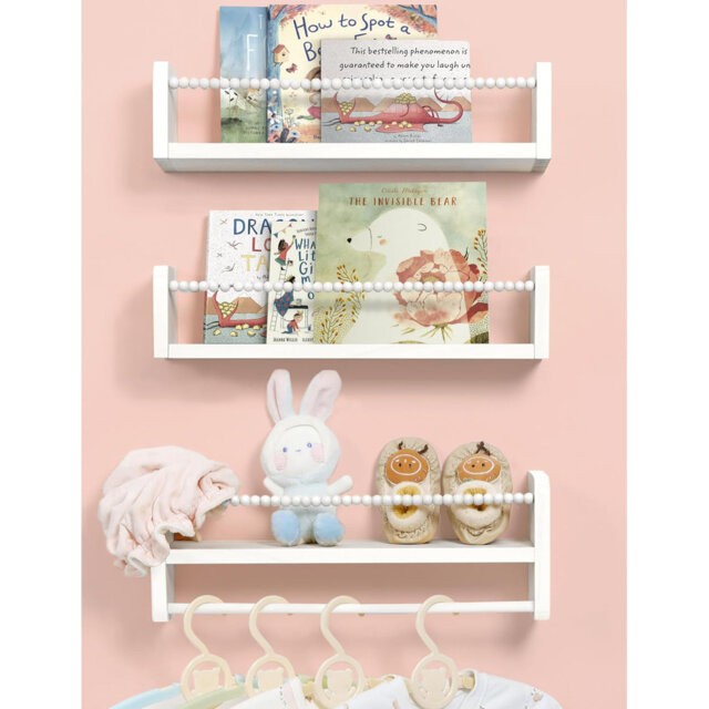 Natural Pine Nursery Floating Shelves Set of 3 with Safety Beaded Bar 40cm Wood Wall Shelves for Kids' Books & Toys Child-Safe Storage (white)