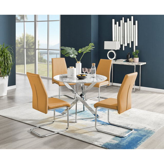Tierra Modern Chrome Metal & Veneer Round Dining Table Set with 4 Upholstered Faux Leather Chairs