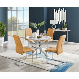 Tierra Modern Chrome Metal & Veneer Round Dining Table Set with 4 Upholstered Faux Leather Chairs