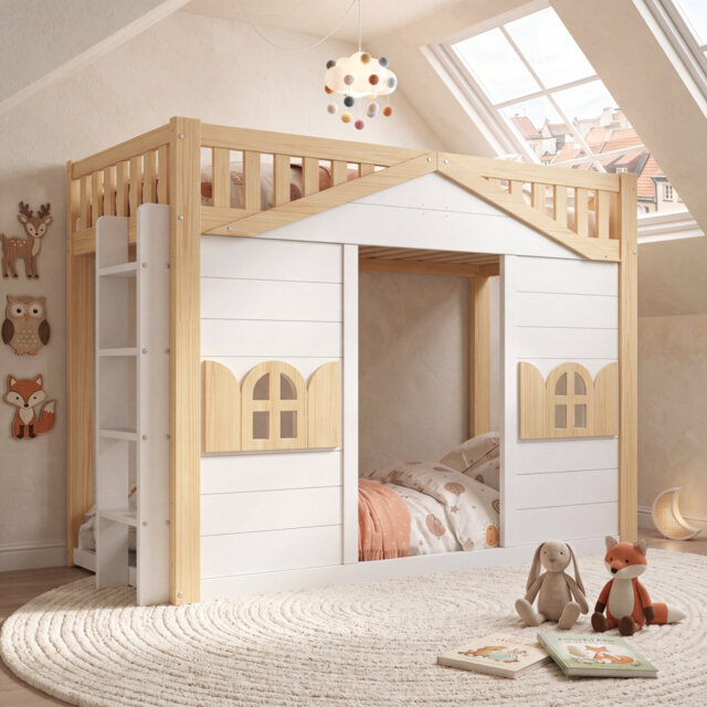 Wooden Loft Cabin Bed Single Size Solid Wood and MDF 2-Piece Children's Bed White - With Window Shape and Multi-Purpose Lower Area