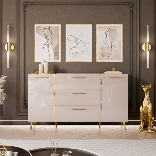 Sideboard with Drawers ONYX Cashmere with Golden Legs, High Gloss, 158 cm