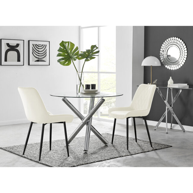 Seline Modern Round Dining Table Set in Glass and Chrome with 2 Luxury Velvet Leather Chairs