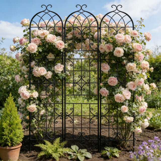 3-pack 220cmh Heavy Duty Expandable Metal Garden Trellis Rustic Arch Decor Outdoor Ground Stake For Climbing Plants Vine Fence Support