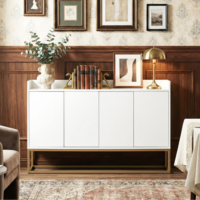 120CM Modern 4-Door Sideboard With Gold Metal Legs, Handle-Free Push-To-Open Buffet Cabinet With Raised Top Edge
