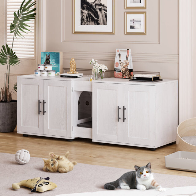 3-in-1 Cat Litter Box Enclosure TV Stand - Hidden Odour-Control Cabinet with Middle Entrance, Scratch Pad & Easy-Access Doors for Living Room