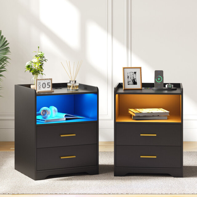 2 Drawer Bedside Table with Charging Station and Human Sensor Light
