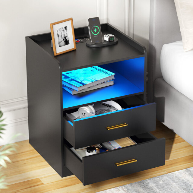 2 Drawer Bedside Table with Charging Station and Human Sensor Light