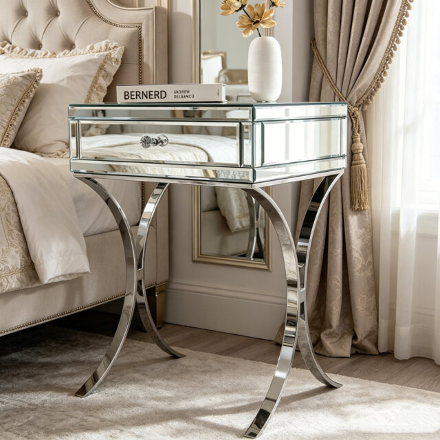 Shilah Mirrored Glass Bedside Table1-Drawer Cross-Legs Side Table Storage Nightstand 40x50cm