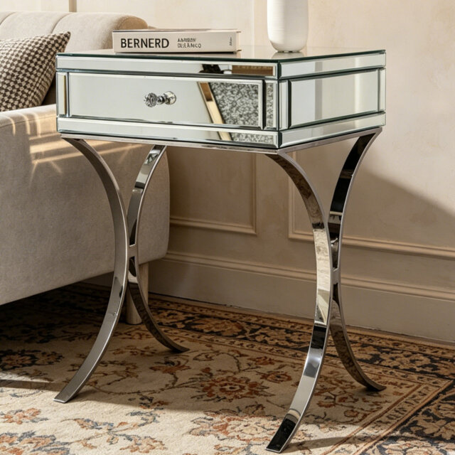 Shilah Glass Mirrored Side Table Drawer Cross-Legs Nightstand With Storage