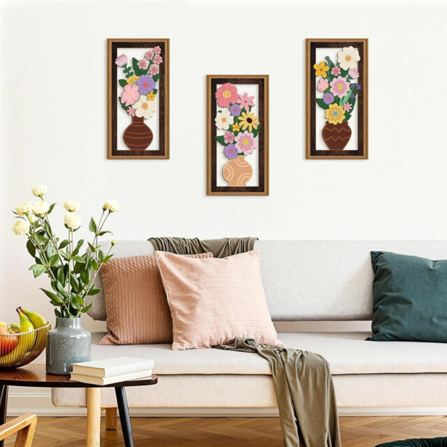 3 Pcs Boho Flower Wall Decor Boho Flower Wood Wall Art Bohemian Floral Artwork Wooden Pink Wildflower Wood Art Set Flowers