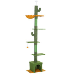 230-275?cm Floor-to-Ceiling Adjustable Cat Tree with Scratching Posts, Hammock & Cat House, Green