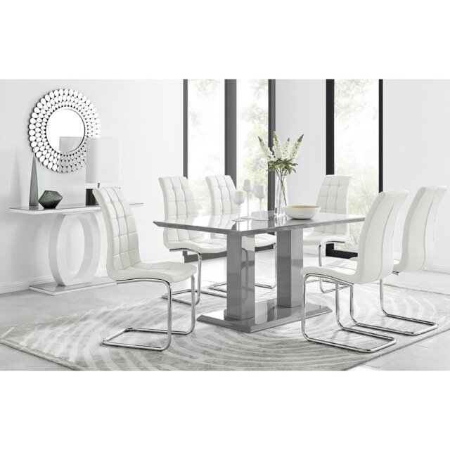 Edzard Double Pedestal High Gloss Dining Table Set with 6 Modern Faux Leather Dining Chairs